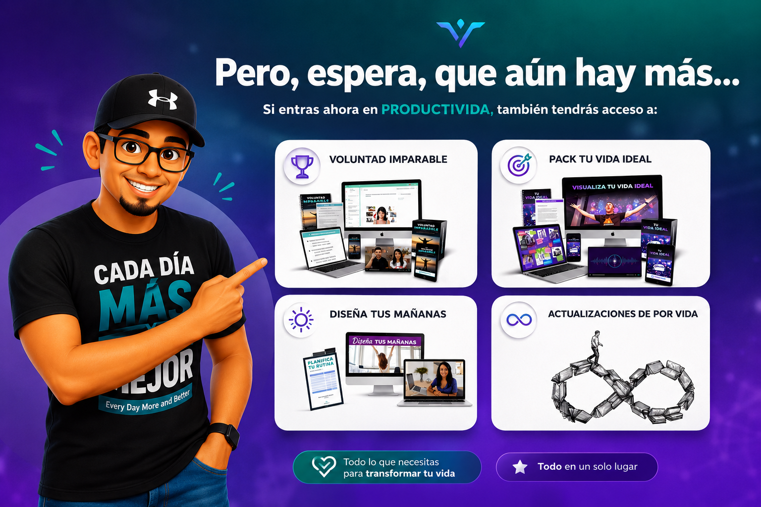 Bonus incluidos en PRODUCTIVIDA: Voluntad Imparable, Pack Tu Vida Ideal, Diseña Tus Mañanas y actualizaciones de por vida
