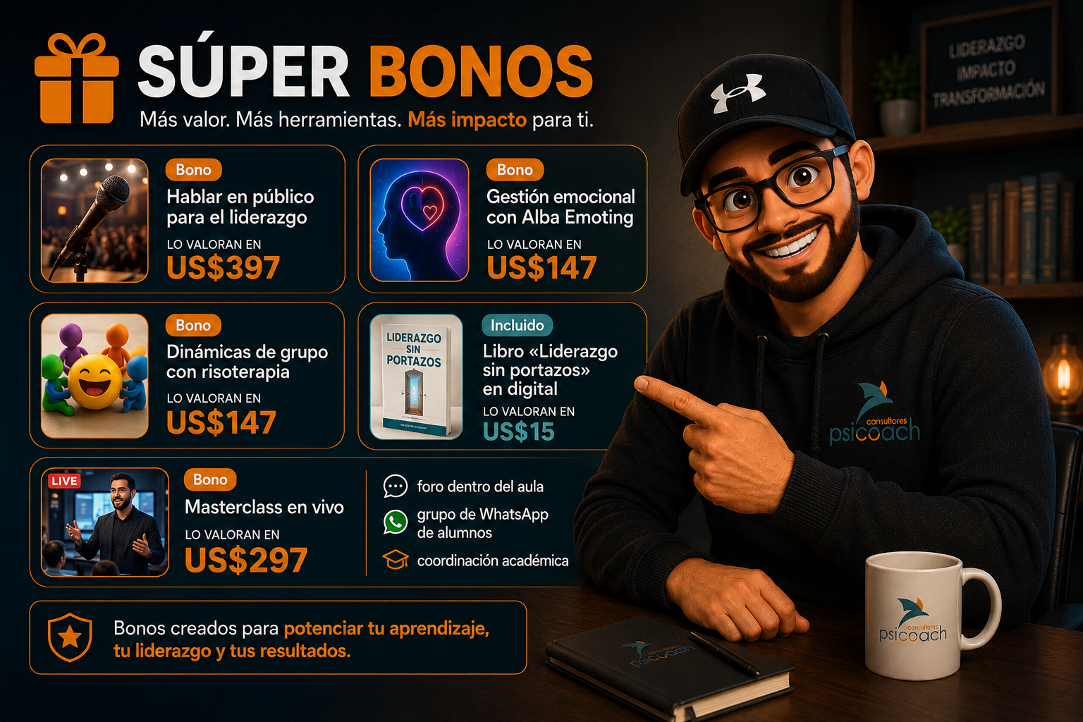 Los bonos de la Academia de Liderazgo NCL: oratoria, Alba Emoting, risoterapia, libro y masterclass en vivo