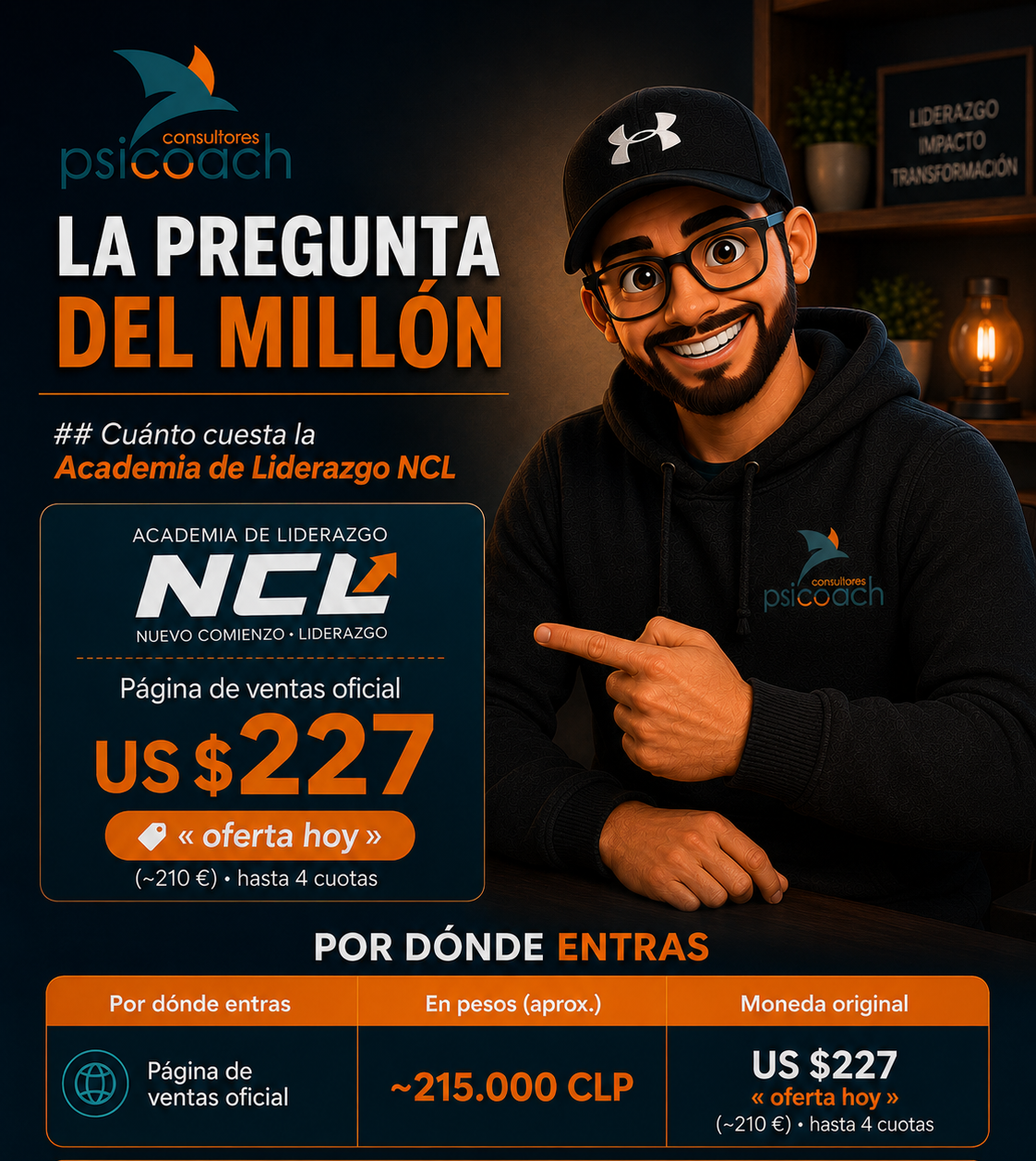 Precio de la Academia de Liderazgo NCL: US$227 en su web frente a 603,79 € en Hotmart
