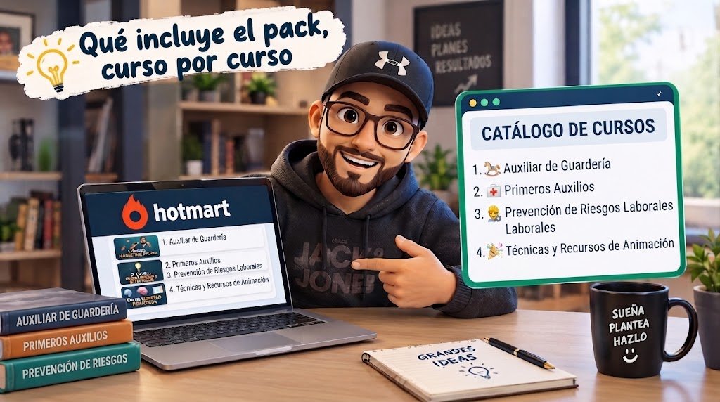 Los cuatro cursos del pack: Auxiliar de Guarder&iacute;a, Primeros Auxilios, PRL y T&eacute;cnicas de Animaci&oacute;n