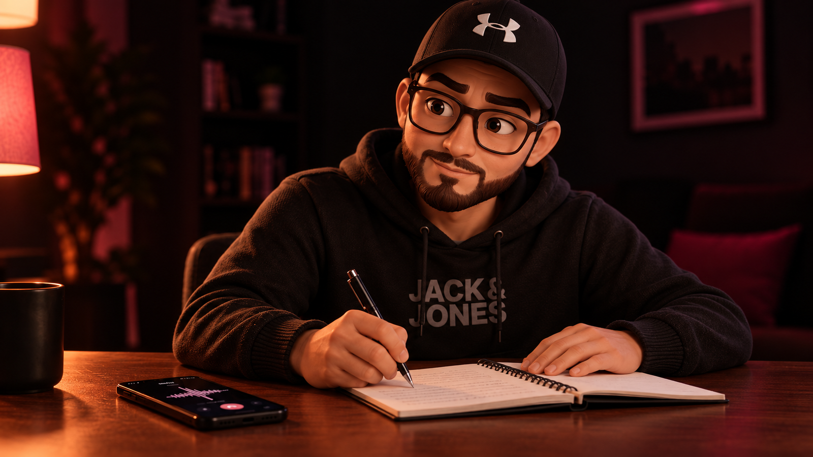 Apuntando en una libreta las frases de la llamada de venta para traducirlas después
