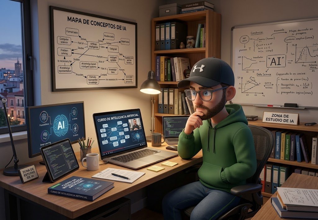 Persona con gorra y sudadera verde estudiando un curso de inteligencia artificial delante de un portátil, en su zona de estudio