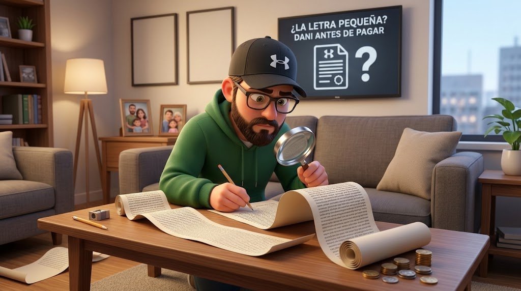 Dani leyendo la letra pequeña antes de pagar la mentoría