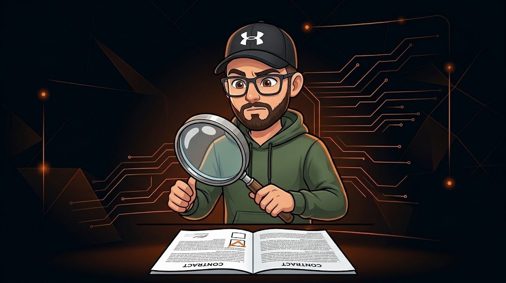 Dani con la gorra revisando con una lupa la letra pequeña del contrato de CenteIA PRO